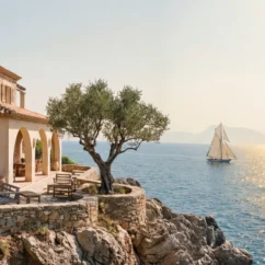 Villa de estilo mediterráneo junto a una costa rocosa y varios veleros en el mar en un bonito atardecer