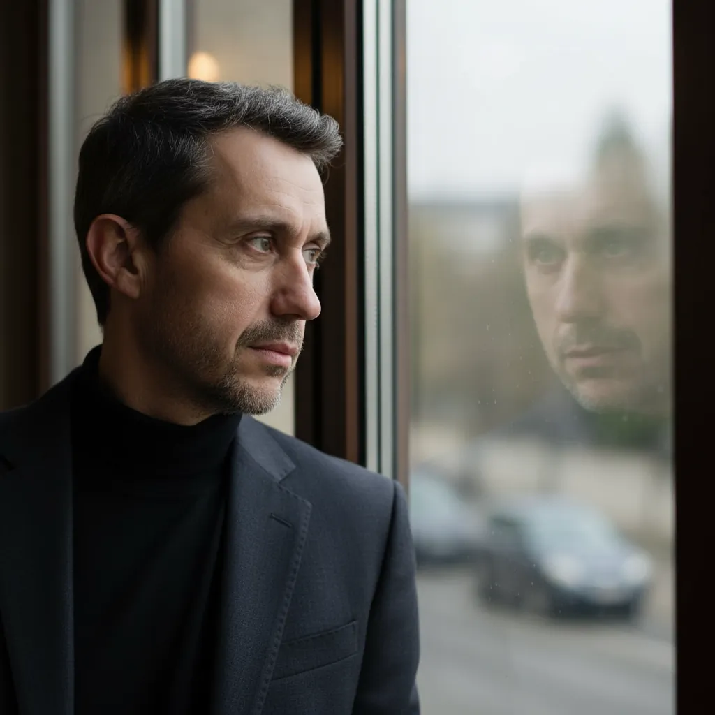 Ivan Zabalza mirando a la calle a traves de una ventana.